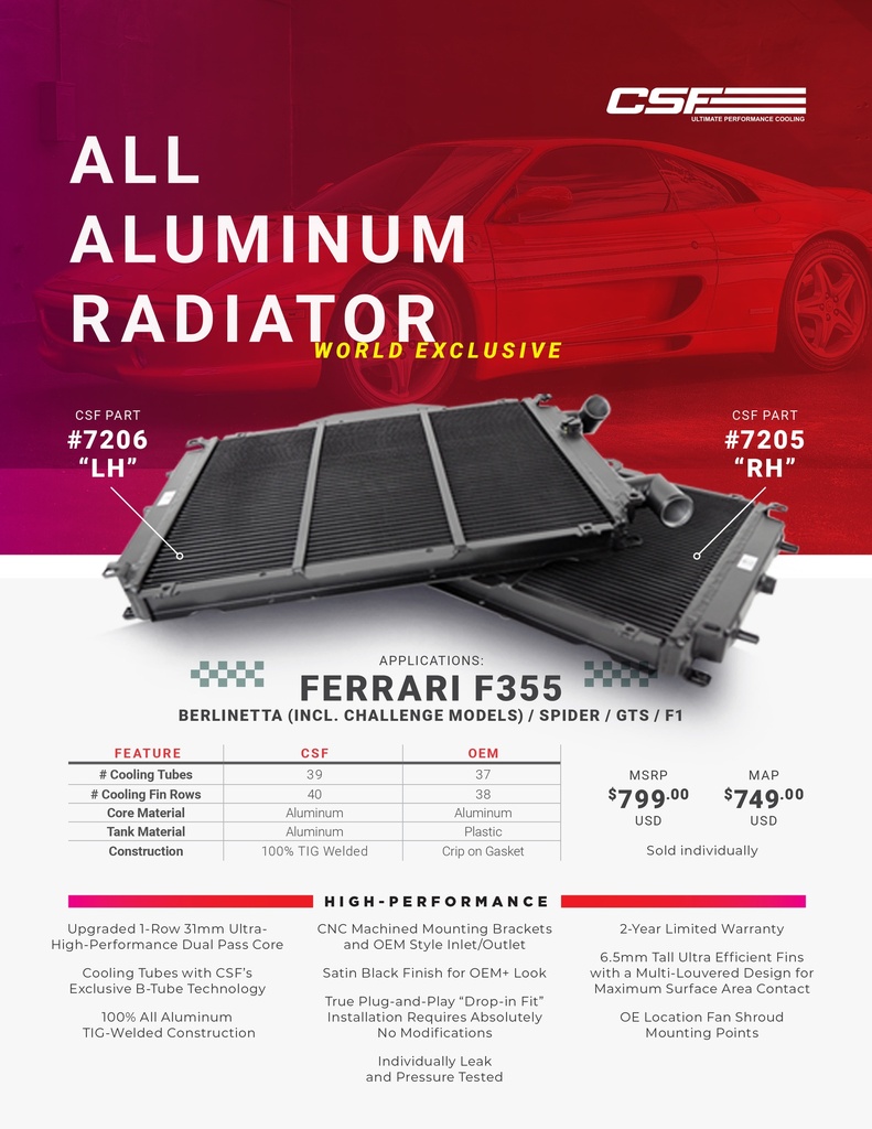CSF Radiator - Ferrari F355 Radiator 95-99 Ferrari F355 Right Side Only
