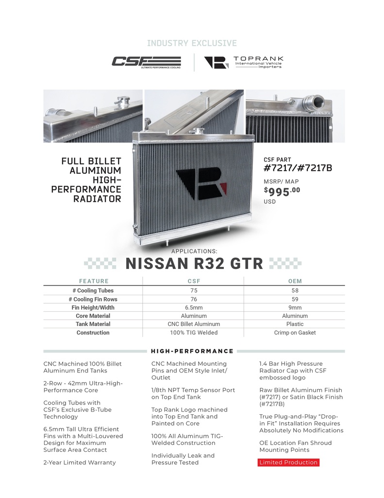 CSF Radiator - Nissan Skyline R32 TopRank Full Billet Radiator 1989-1994 Nissan R32 Skyline GT-R (incl. V-Spec & V-Spec II) 1989-1993 Nissan R32 Skyline GTS / GTS-t / GTS-4 / GTS-25 1989-1993 Nissan R32 Skyline GTE 1989-1993 Nissan R32 Skyline Gxi 1991-1993 Nissan Skyline R32 Autech Version 1990 Nissan Skyline GT-R Nismo