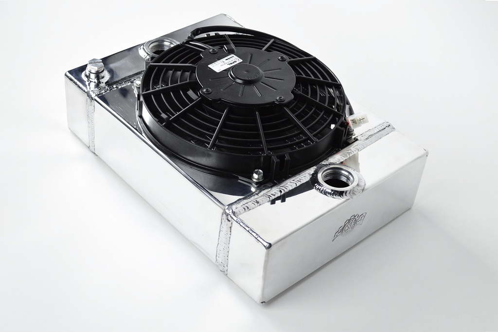 CSF - Universal Drag Race / Tuck Radiator -10.5H" x 10L" x 3.6W" (5.65" w/fan) - Includes 9-inch SPAL fan - Includes inlet/outlet kit (1.25 or -16) + installation brackets