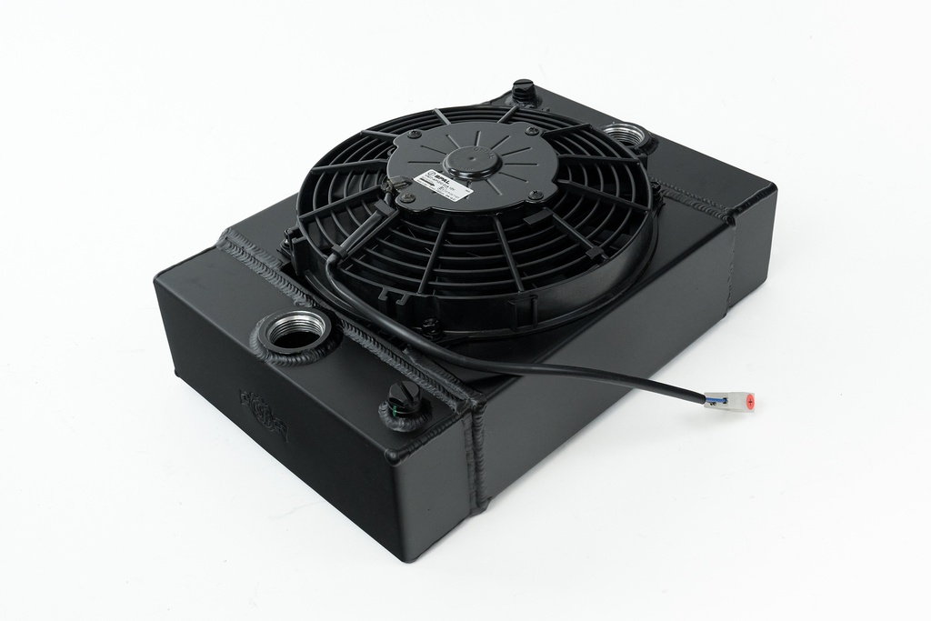 CSF - Universal Drag Race / Tuck Radiator -10.5H" x 10L" x 3.6W" (5.65" w/fan) - Includes 9-inch SPAL fan - Includes inlet/outlet kit (1.25 or -16) + installation brackets (Black)