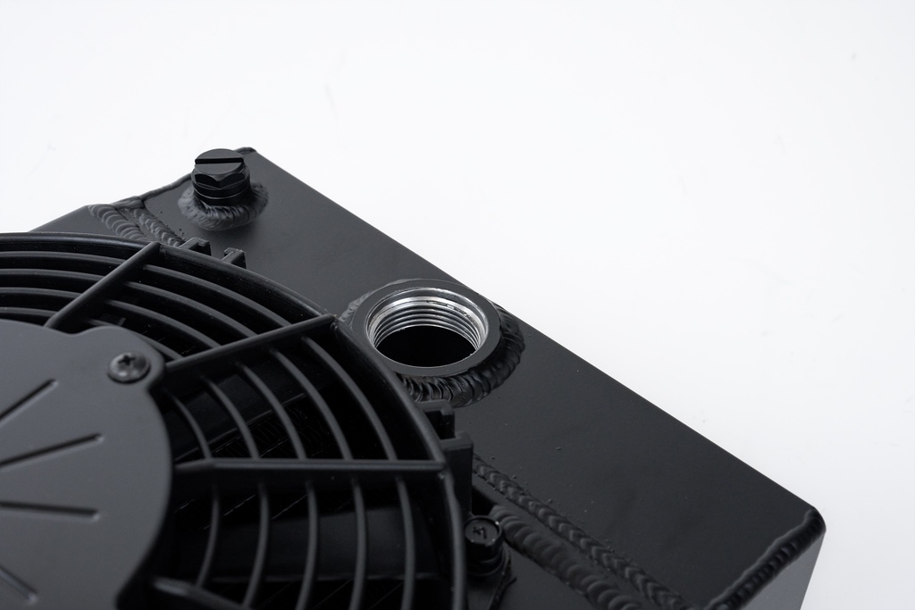 CSF - Universal Drag Race / Tuck Radiator -10.5H" x 10L" x 3.6W" (5.65" w/fan) - Includes 9-inch SPAL fan - Includes inlet/outlet kit (1.25 or -16) + installation brackets (Black)