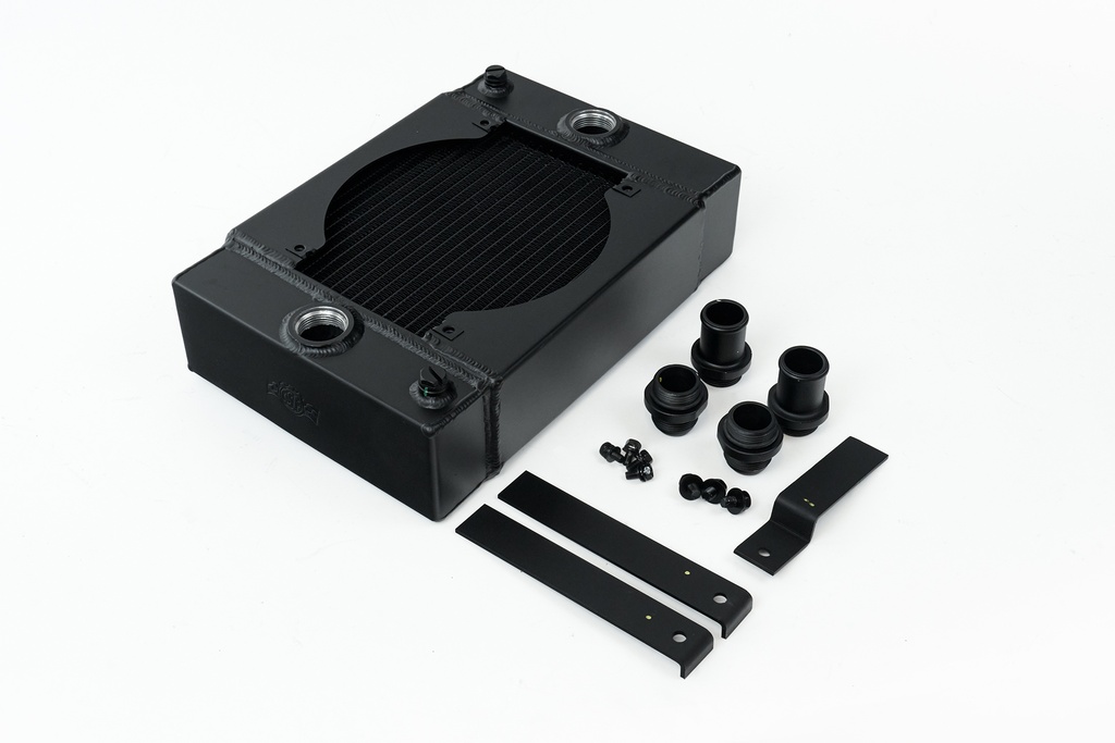 CSF - Universal Drag Race / Tuck Radiator -10.5H" x 10L" x 3.6W" (5.65" w/fan) - Includes 9-inch SPAL fan - Includes inlet/outlet kit (1.25 or -16) + installation brackets (Black)
