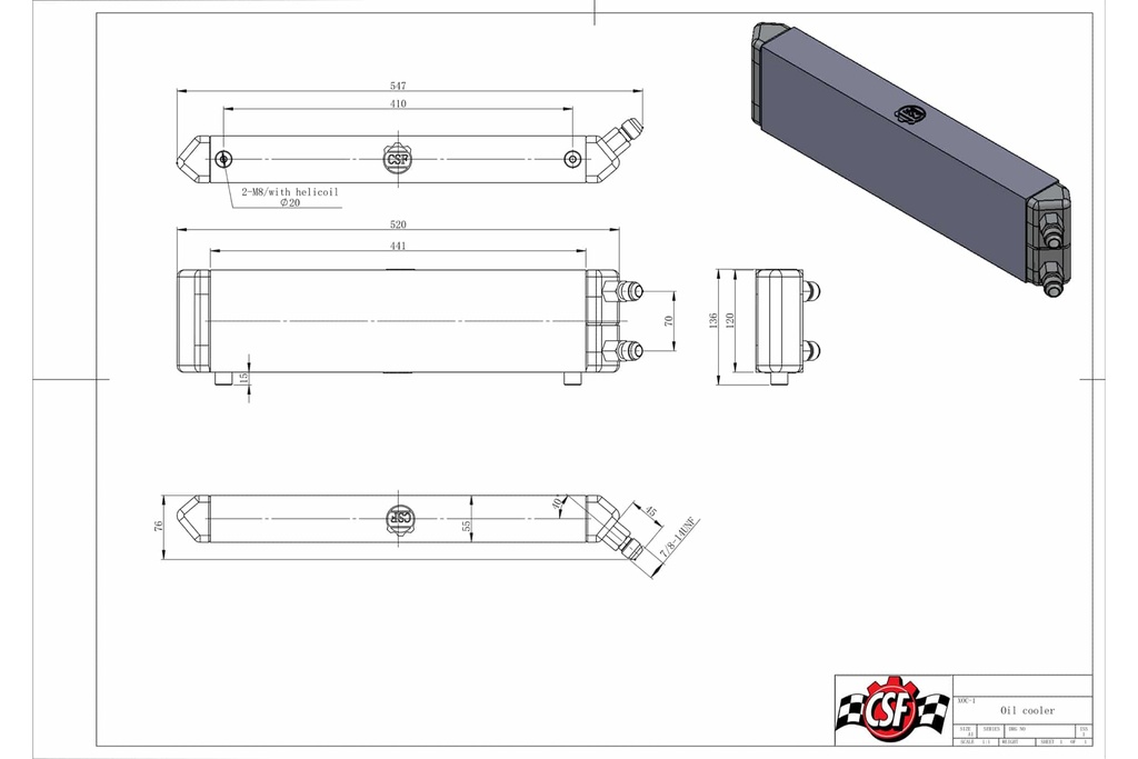 CSF - Universal Dual-Pass internal/external oil cooler w/ -10 male fittings - 22.0L' x 5.0H' x 2.25W'