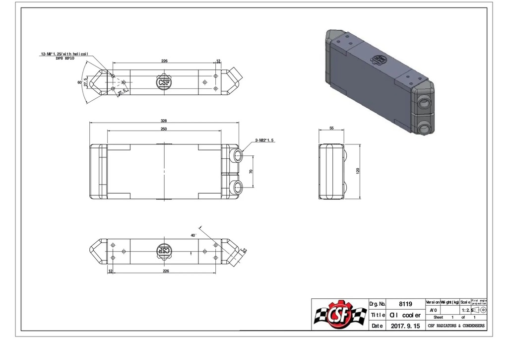 Universal Dual-Pass Oil Cooler - M22 x 1.5 connections - 13'L x 4.75'H x 2.16'W