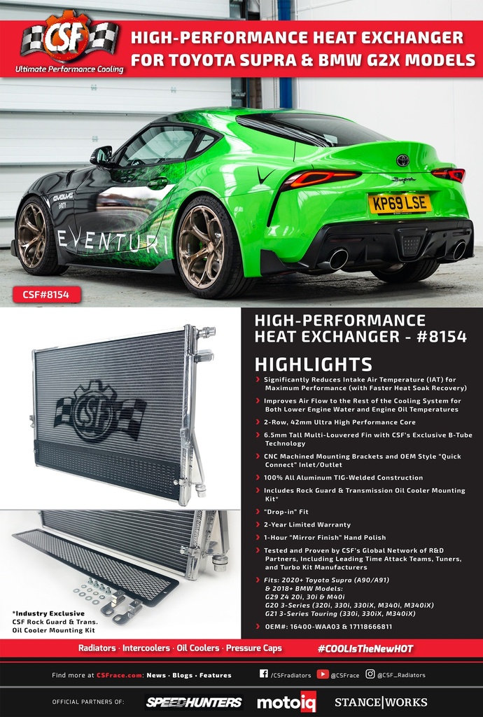2019+ Toyota GR Supra (A90/A91) 18-20 BMW G20 320i, 330e, 330i(X) M340i(X) 18-20 BMW G21 330i(X) & M340i(X) 18-20 BMW G29 Z4 20i, Z4 30i & Z4 M40i - Front Mount Heat Exchanger w/ Rock Guard