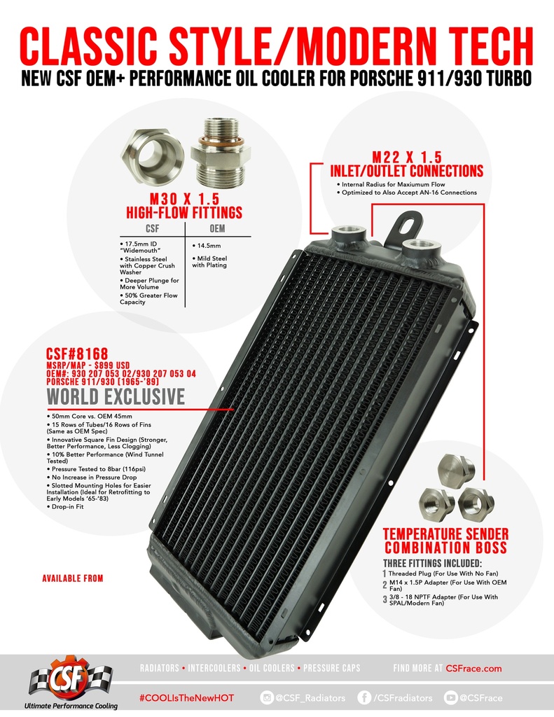 PORSCHE 911 / 930 Oil Cooler (Right Front) OEM+ performance w/ high-flow fittings 84-89 Direct Fit 65-83 Retrofit capable OEM # interchange: 930 207 053 02 / 930 207 053 04