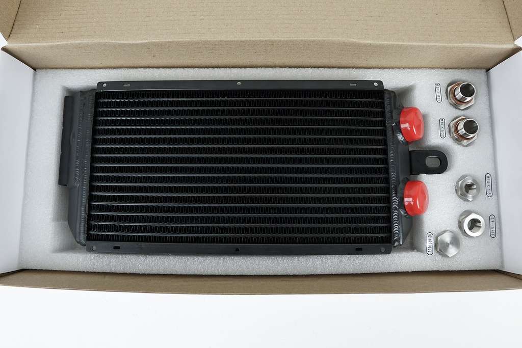 PORSCHE 911 / 930 Oil Cooler (Right Front) OEM+ performance w/ high-flow fittings 84-89 Direct Fit 65-83 Retrofit capable OEM # interchange: 930 207 053 02 / 930 207 053 04