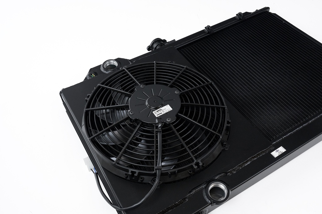 Mitsubishi Evo 4/5/6/7/8/9 - Full Size Slim Radiator w/ 12-inch SPAL fan & Shroud / Adjustable -16 or slip-on fittings (Black)