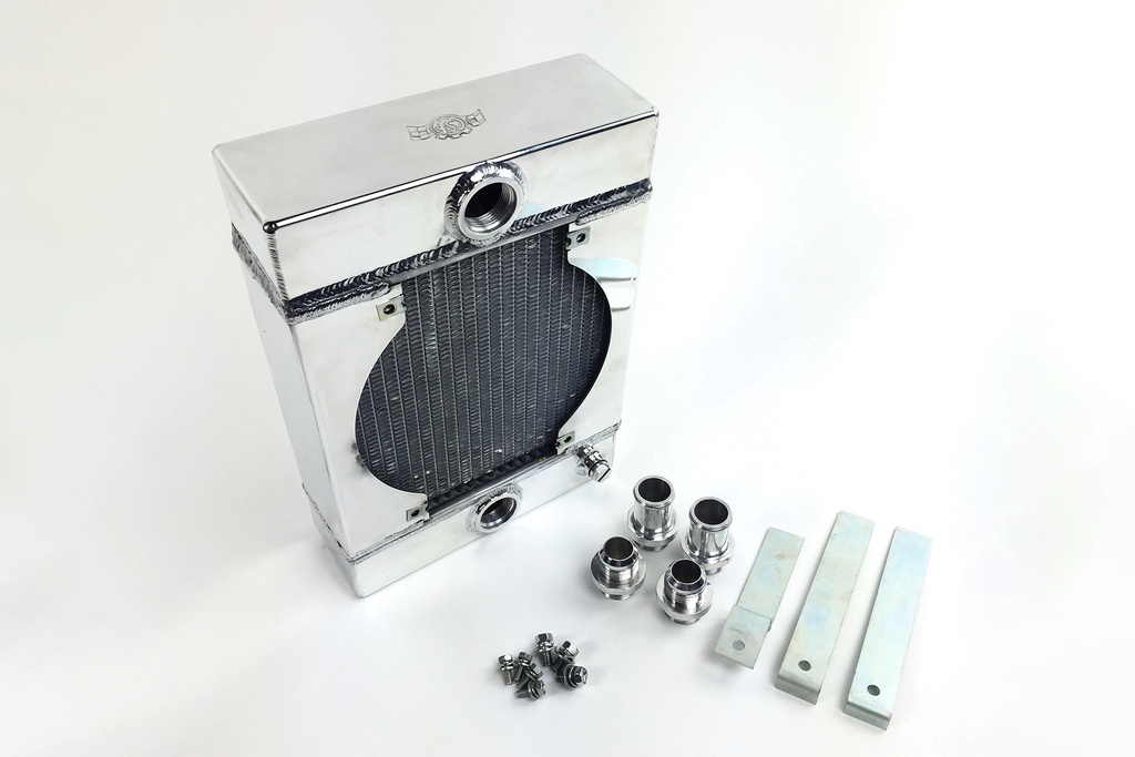 CSF - Universal Drag Race / Tuck Radiator -10.5H" x 10L" x 3.6W" (5.65" w/fan) - Includes 9-inch SPAL fan - Includes inlet/outlet kit (1.25 or -16) + installation brackets